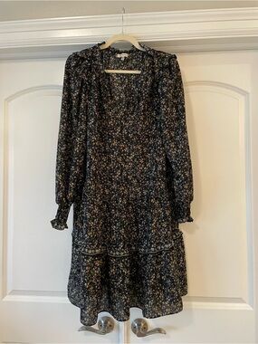 Max Studio Black Floral Long-Sleeve Tiered Dress